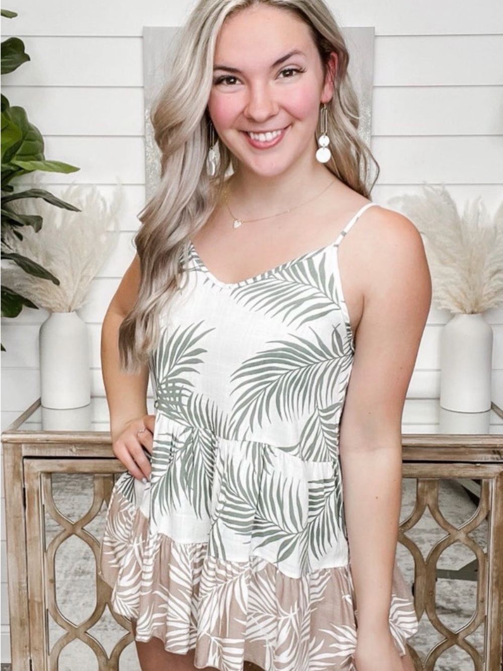 Tropical Leaf Tiered Spaghetti Strap Tank - White & Sage